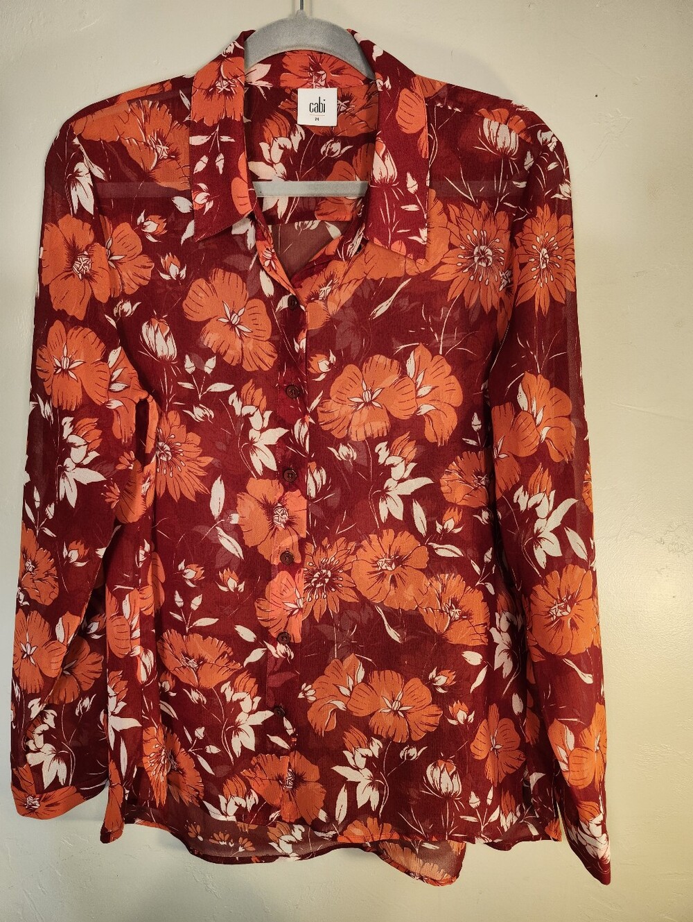 CAbi Burgundy and Orange Floral Button-Down Blouse